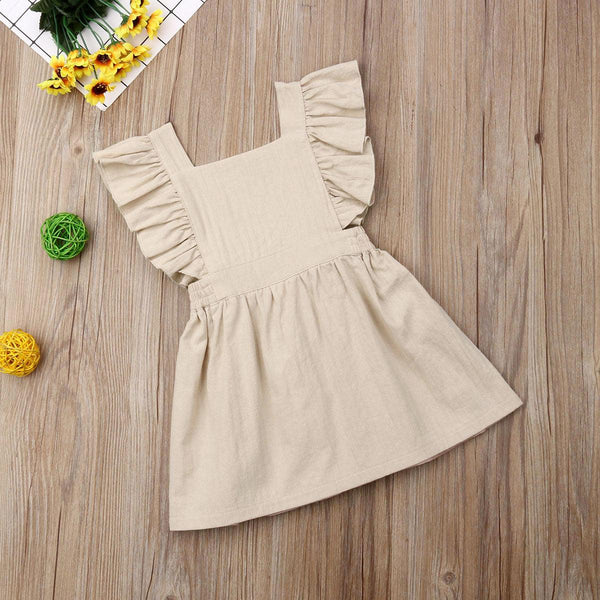 1-6years Toddler Baby Girl Dress Children Clothes Girls Ruffle Sleeve Dress Solid Sleeveless Sundress Kids Summer Outfit - Beige Street