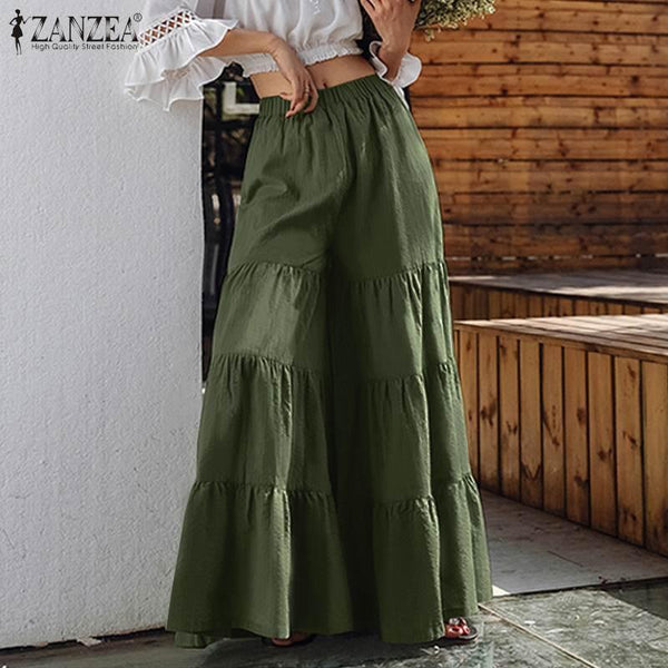 2022 Summer Solid Flared Pants ZANZEA Fashion Holiday Tiered Trousers Women Casual Elastic Waist Beach Wide Leg Pantalon Robe - Beige Street