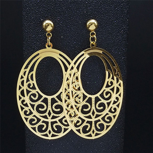 Stainless Steel Bohemia Flower of Life Stud Earrings Women Gold Color Oval Earrings Boho Big Jewelry boucle d oreille E9314S04