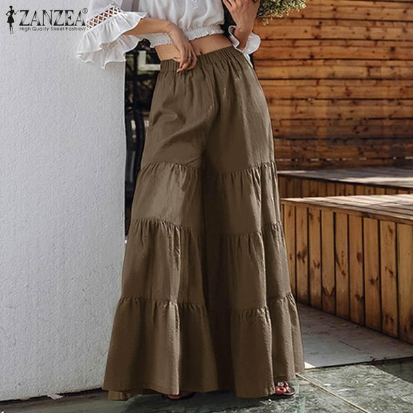 2022 Summer Solid Flared Pants ZANZEA Fashion Holiday Tiered Trousers Women Casual Elastic Waist Beach Wide Leg Pantalon Robe - Beige Street