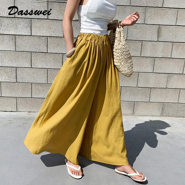 DASSWEI Fashion Summer Linen Wide Leg Pants For Women 2022 Casual Elastic High Waist Long Trousers Female Solid Larg Size Pants - Beige Street
