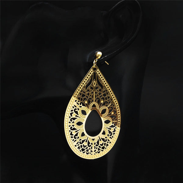 Stainless Steel Bohemia Water Drop Flower Stud Earrings Women Gold Color Big Earrings Boho Jewelry boucles d&#39;oreilles E9307S04