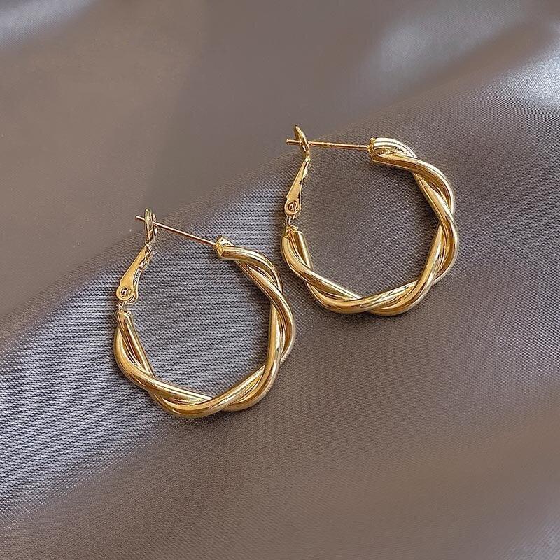 2022 New Classic Copper Alloy Smooth Metal Hoop Earrings For Woman Fashion Korean Jewelry Temperament Girl's Daily Wear earrings - Beige Street