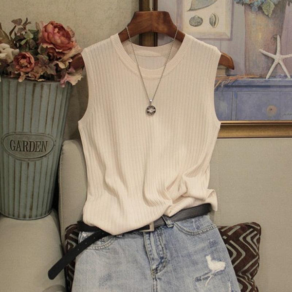 Fashion Woman Blouse 2021 Summer Sleeveless Blouse Women O-neck Knitted Blouse Shirt Women Clothes Womens Tops And Blouses C853 - Beige Street