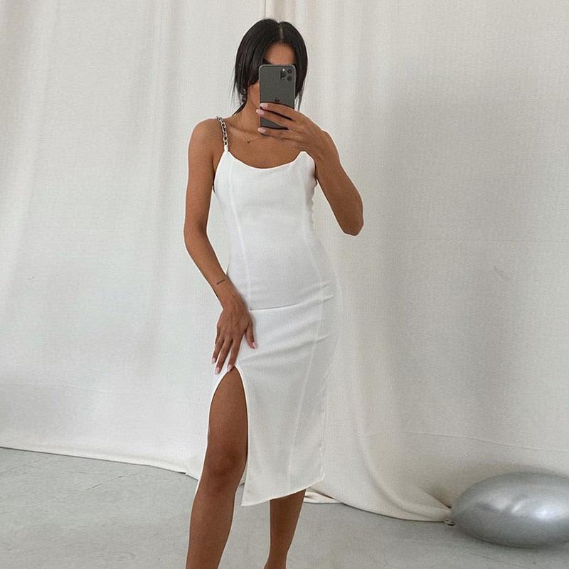 Elegant Women's Dresses Chain Strapless Sleeveless Basic Split Knee-Length Bodycon 2022 Summer Sexy Young Style Party Club 20912 - Beige Street