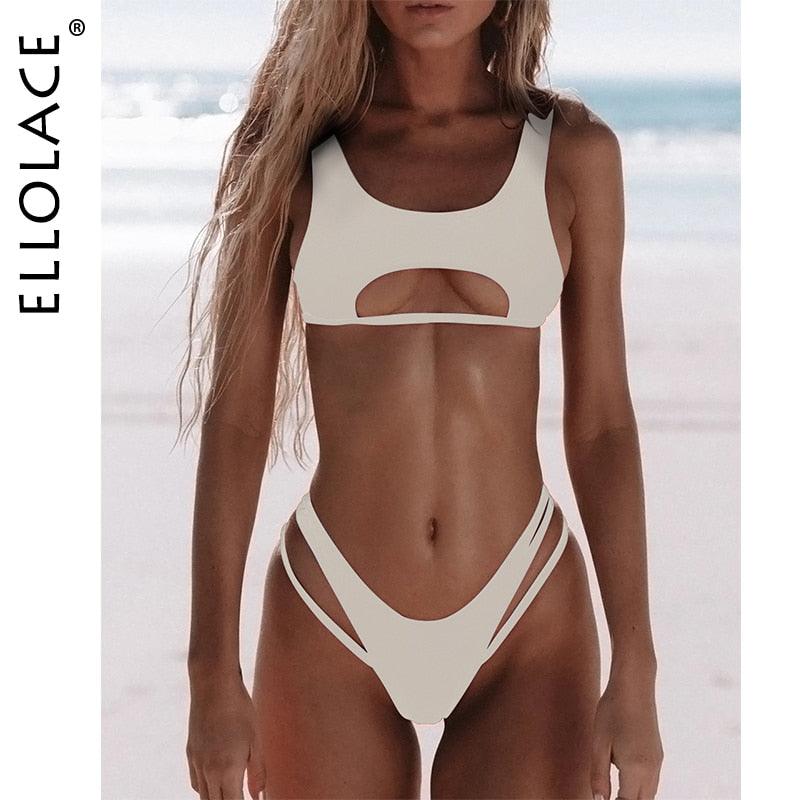 Ellolace Sexy Bikini Hollow Out Women's Swimsuit High Cut Micro Swimwear 2022 Stylish Bathing Suit Beach Outfits 2 Pieces - Beige Street