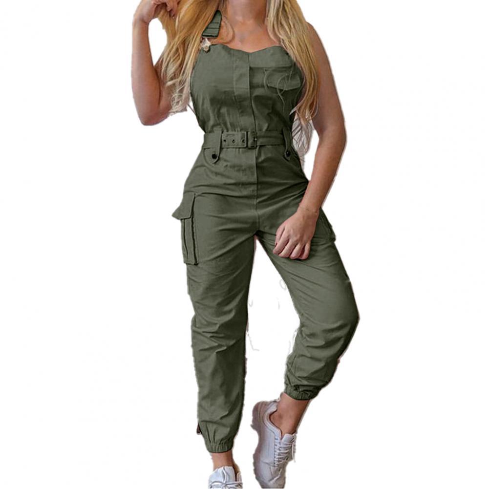 Jumpsuit Sleeveless Halter Polyester Casual Backless Sexy Slim Women Romper Casual Cargo Pant Elegant Pencil Pants Loose Overall - Beige Street