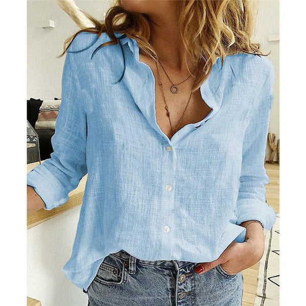 Elegant Linen Shirts Women Casual Solid Color Button Lapel Blouses Shirts Spring Summer Long Sleeve Loose Shirts Tunic Blusas - Beige Street