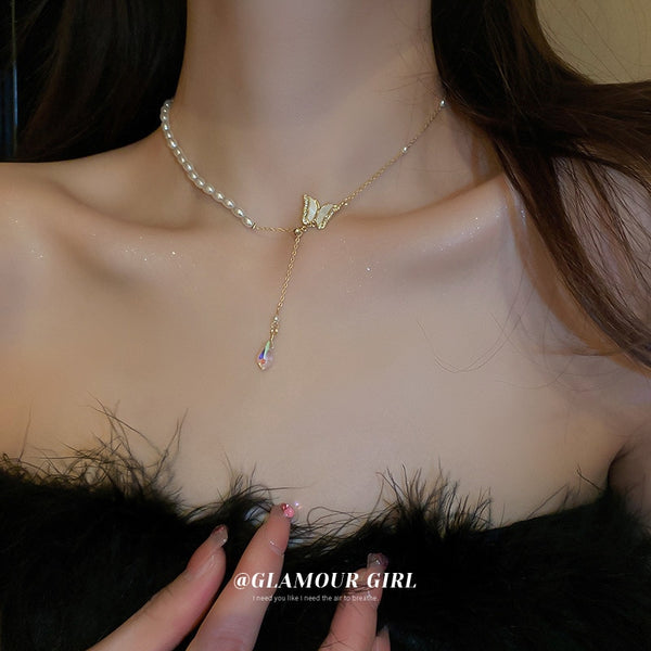New Real Gold Electroplated Zircon Pearl Butterfly Tassel Crystal Pendant Necklace Design Clavicle Chain Versatile Sweet Pendant