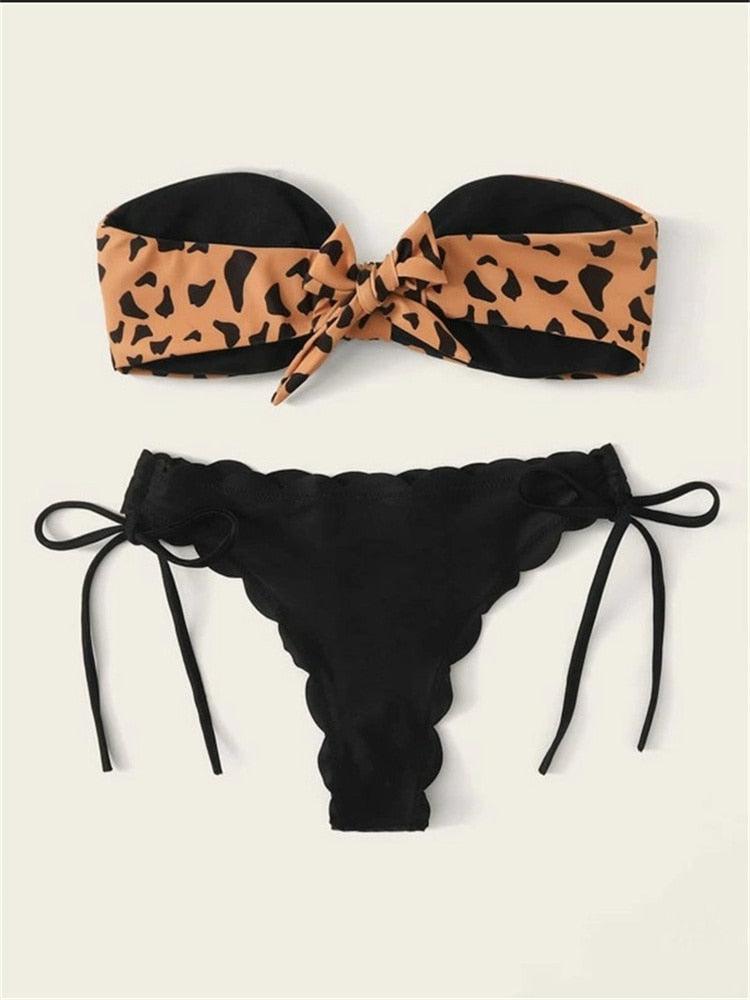 Beach Bikini 2022 Woman Sexy Front Lace Up Tie Strapless Leopard Swimsuit Female Push Up Ruffled Bow Bathing Suit Thong Swimwear - Beige Street