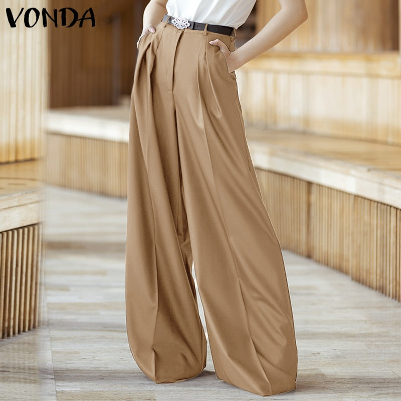 VONDA 2022 Summer Women High Waist Long Pants Fashion Maxi Pants Palazzo Pants Pantalon Solid Color Beach Streetwears Oversized