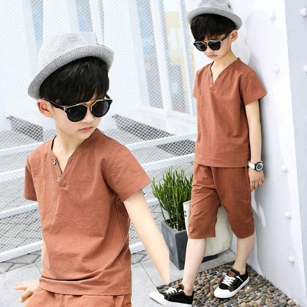 Kids Clothes Sets Short Sleeve T Shirt+pant 2 Pc Suit Children Suits Fashionable Pure Cotton Linen Summer 4-12 Ages - Beige Street