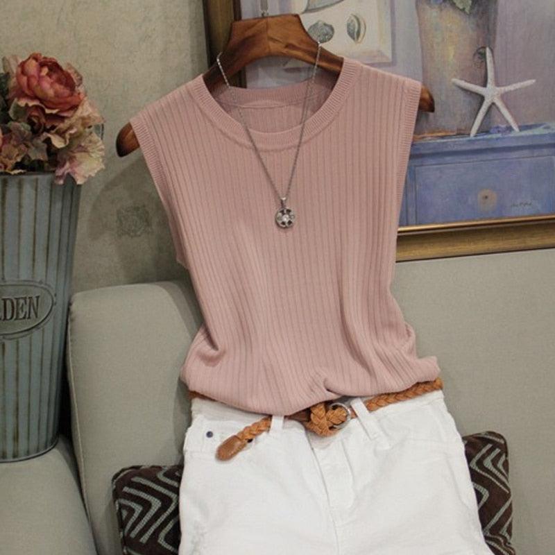 Fashion Woman Blouse 2021 Summer Sleeveless Blouse Women O-neck Knitted Blouse Shirt Women Clothes Womens Tops And Blouses C853 - Beige Street