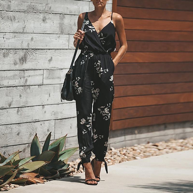 Women Jumpsuits 2022 Sleeveless V-Neck Boho Floral Print Wide Leg Long Pants Rompers Ladies Spaghetti Strap Plus Size Trousers