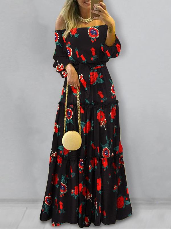 ZANZEA Elegant Off Shoulder Women's Dress Autumn Belted Ruffle Maxi Vestidos Casual Puff Sleeve Solid Beach Robe   7