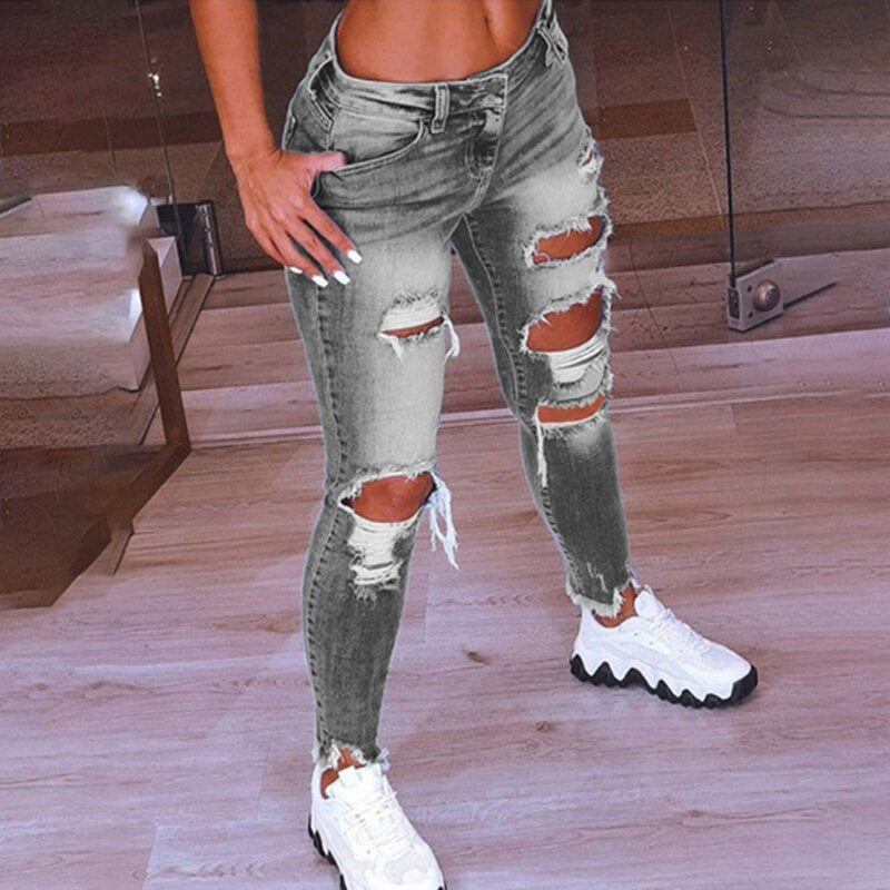 Summer Spring Denim Jeans Women Ripped Hole Stretch Jean 2022 Sexy Slim High Waist Ladies Plus Size Full Length Pencil Pants