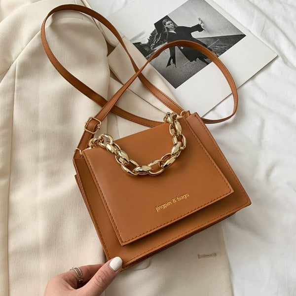 Fashion Chain Solid Color Crossbody Bags for Women Vintage PU Leather Female Shoulder Bags Casual Messenger Bags Ladies Handbags - Beige Street
