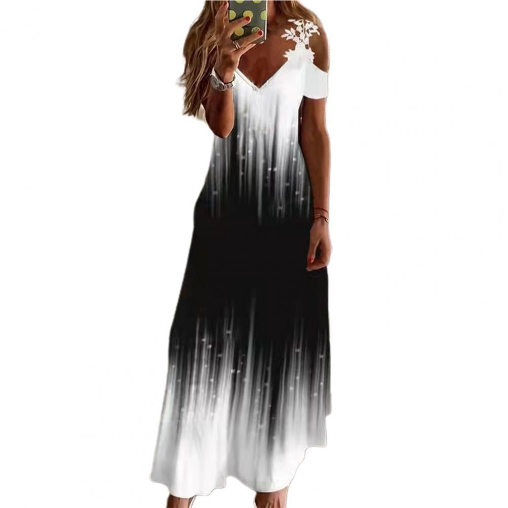 Bohemian Maxi Dress Hollow Out Short Sleeve A-Line Dress Women Ankle Length - Beige Street