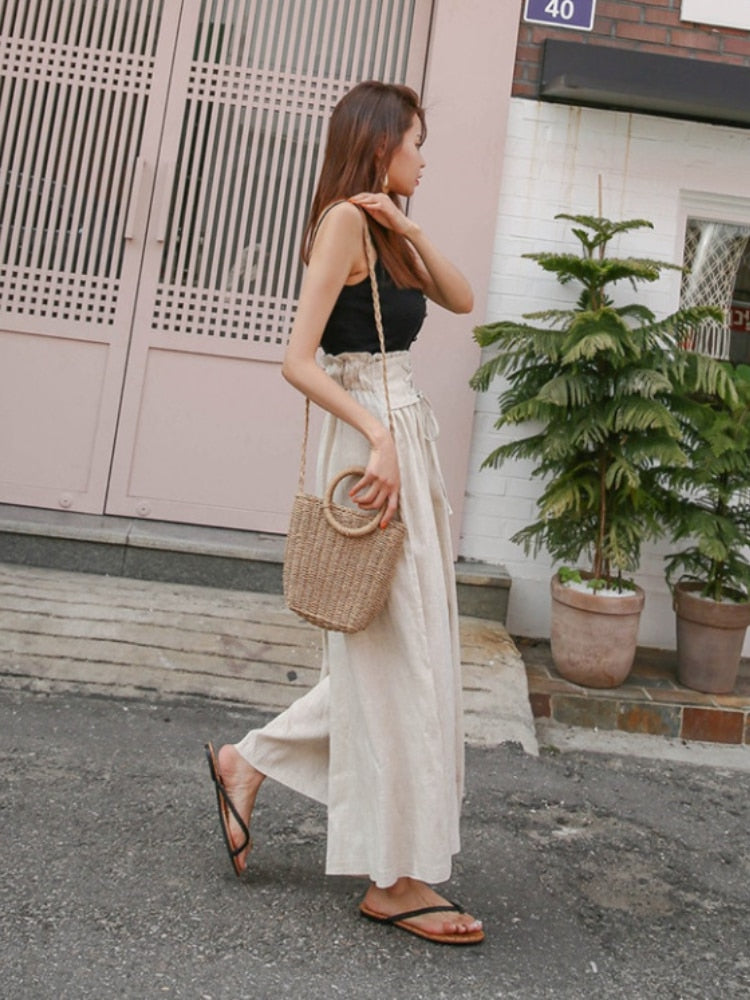 New Spring Summer Drawstring Wide Leg Pants Cotton Linen High Waist Trousers Ninth Pants Loose Casual Pants Women Bottoms Pants