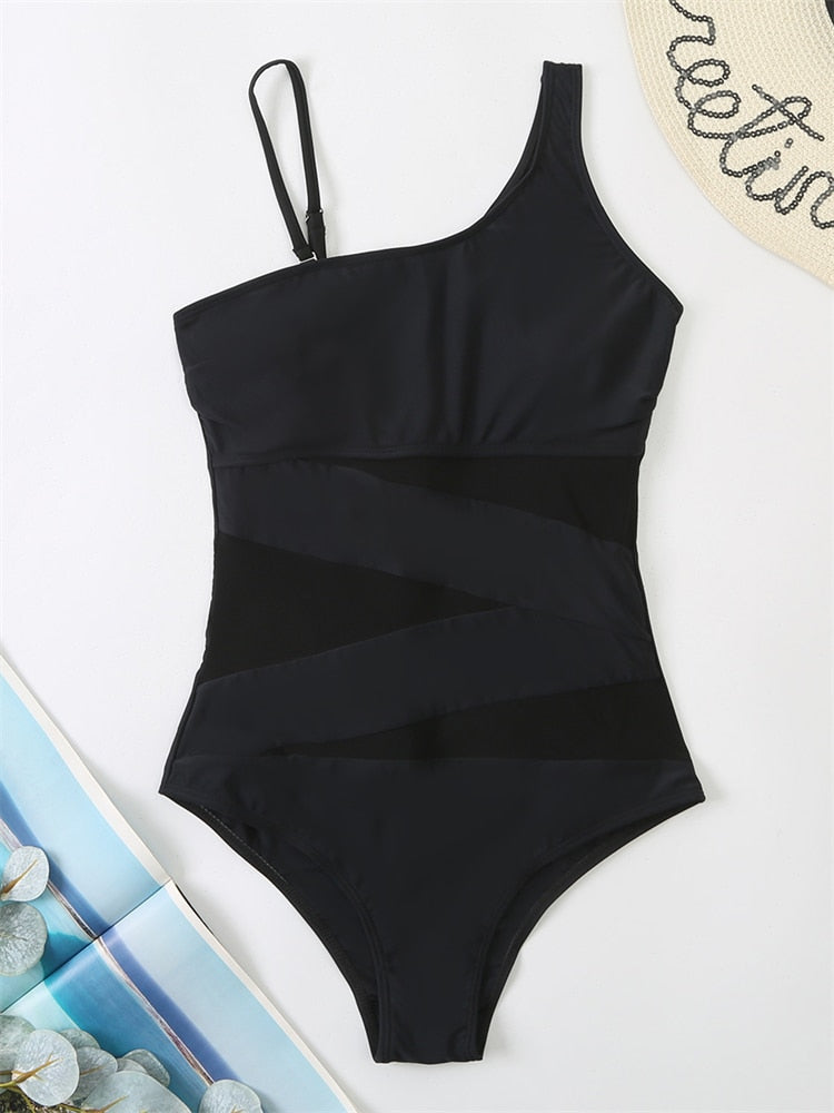One Piece Swimsuit Women Sexy Mesh Solid Swimwear 2022 New Monokini Beach Bathing Suit Bodysuit Swimming Suits For Female XL