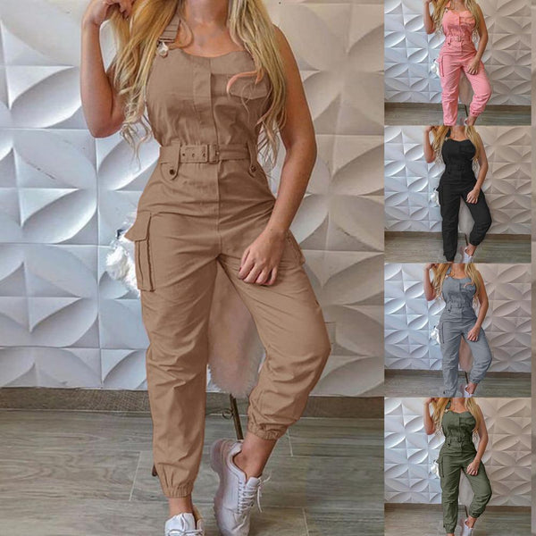 Jumpsuit Sleeveless Halter Polyester Casual Backless Sexy Slim Women Romper Casual Cargo Pant Elegant Pencil Pants Loose Overall - Beige Street