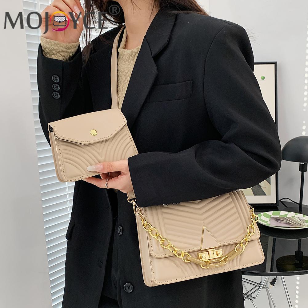 2pcs Luxury Brand Pleated PU Leather Flap Handbags with Metal Chain Mini Shoulder Crossbody Purse women's bag 2022 trend - Beige Street