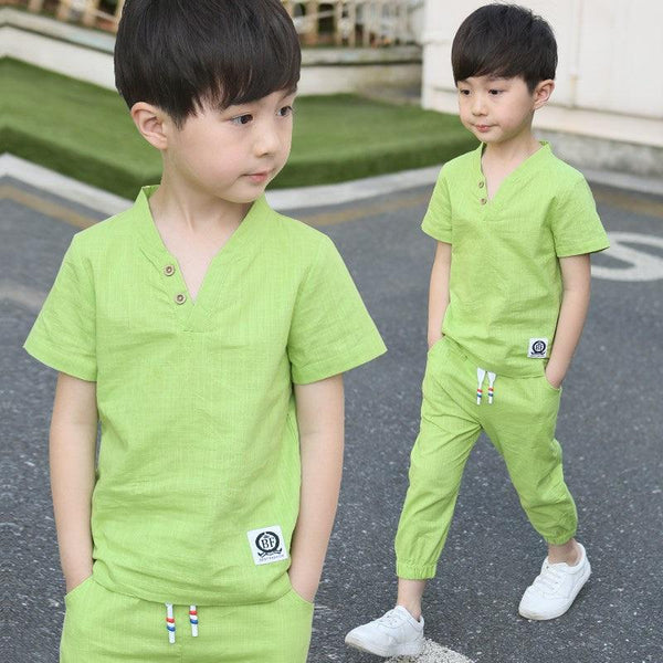 Kids Clothes Sets Short Sleeve T Shirt+pant 2 Pc Suit Children Suits Fashionable Pure Cotton Linen Summer 4-12 Ages - Beige Street