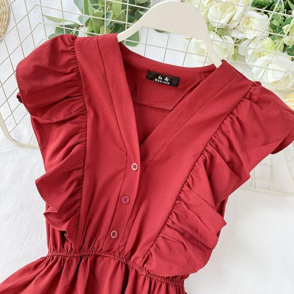 2022 V Neck Ruffles Summer Dress Party Tank Sundress Women Casual A-Line Beach Holiday Dresses Elegant Knee-Length Vestidos - Beige Street