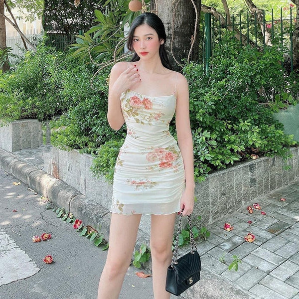 Xingqing 2000s Women Floral Mini Dress y2k Aesthetic Sleeveless Ruffles Hem Kawaii Sundress Sexy Sweet Girl Fairycore Dresses