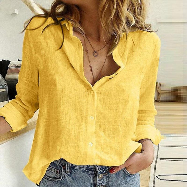 Elegant Linen Shirts Women Casual Solid Color Button Lapel Blouses Shirts Spring Summer Long Sleeve Loose Shirts Tunic Blusas - Beige Street