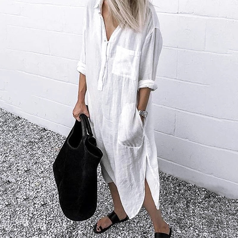 Women Shirt Dress Solid Long Sleeve Side Split Long Dress