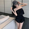 Kayotuas Women Playsuit Summer Off-the-Shoulder Pleated Loose Casual Office Ladies Romper Leotard Streetwear Side Drawstring - Beige Street