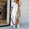 Women Printed Long Sleeve Shirt Dress Single Breasted Casual Loose Dresses Fashion Summer Party Slit Hem Female Maxi Dress