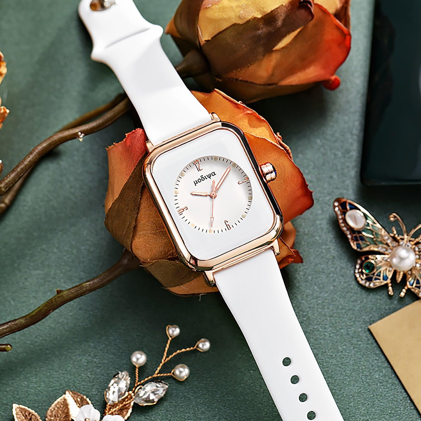 2022 Women Watches Fashion Square Ladies Quartz Watch Bracelet Set Green Dial Simple Silicone Strap Luxury Women Watches New - Beige Street