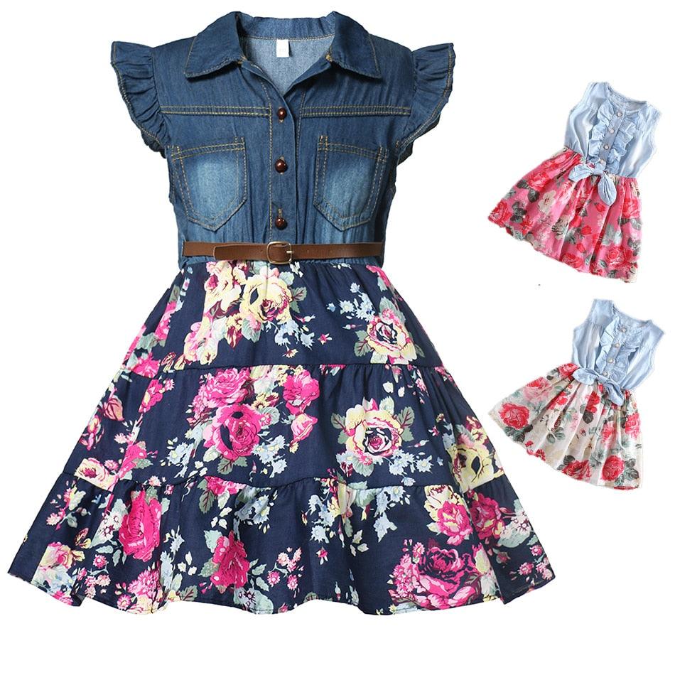 Girls Denim Floral Dress Summer Party Dress with Belt Children Flying Short Sleeve Casual Clothing Baby Girl Kids Fashion Outfit - Beige Street