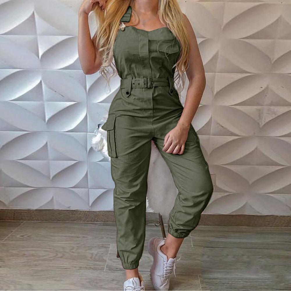 Jumpsuit Sleeveless Halter Polyester Casual Backless Sexy Slim Women Romper Casual Cargo Pant Elegant Pencil Pants Loose Overall - Beige Street