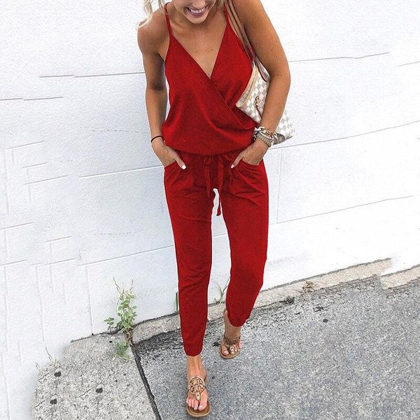 2022 Summer Jumpsuits Women Holiday Casual Sleeveless Fashion Ladies Solid Color Bodysuit Wide Leg Loose Long Pants Trousers - Beige Street