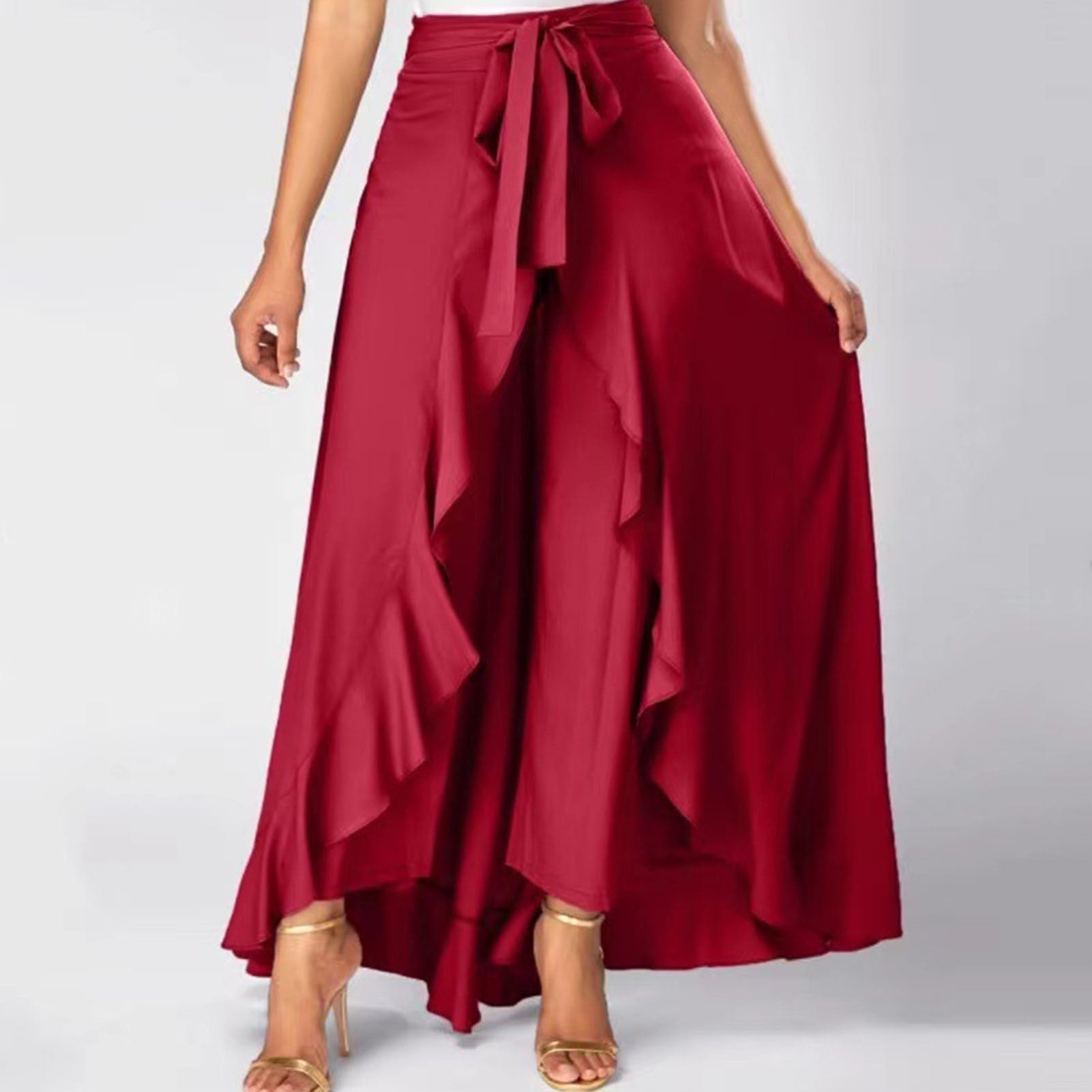 Women's Elegant Dress Pants Women's Fancy High Waist Lace Up Skirts Irregular Chiffon Ruffled Lace-Up Long Pants For Women