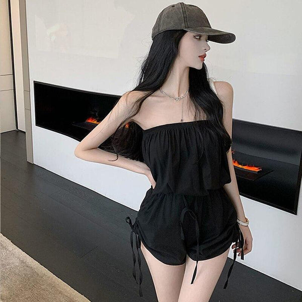 Kayotuas Women Playsuit Summer Off-the-Shoulder Pleated Loose Casual Office Ladies Romper Leotard Streetwear Side Drawstring - Beige Street