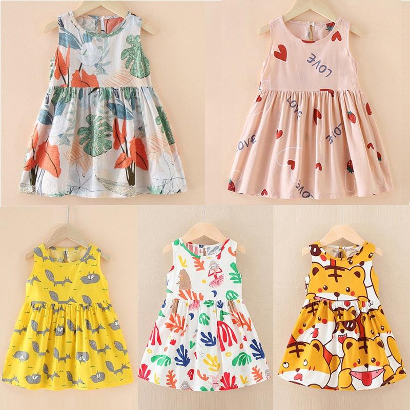 Girls Sleeveless Dress Cotton Kids Princess Dress Casual Solid Soft Dresses Print Summer Children Clothes 1-7 Years - Beige Street
