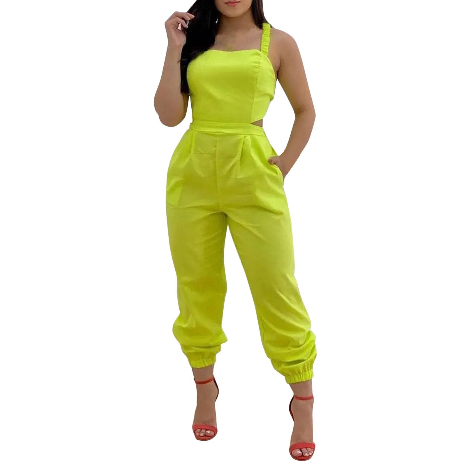 Women Daily Summer Casual Jumpsuit O Neck Sleeveless Waist Micro Band Cross Tied Slim Fit cargo pant Rompers Backless Jumpsuits