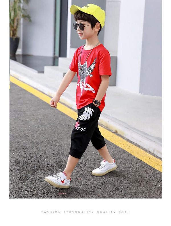 Boys Summer Suit 2022 Wing Man New Children&#39;s Short Sleeve T-shirt + Shorts Clothes Boy Clothing Sets Kids For 4 6 8 10 12 Years - Beige Street