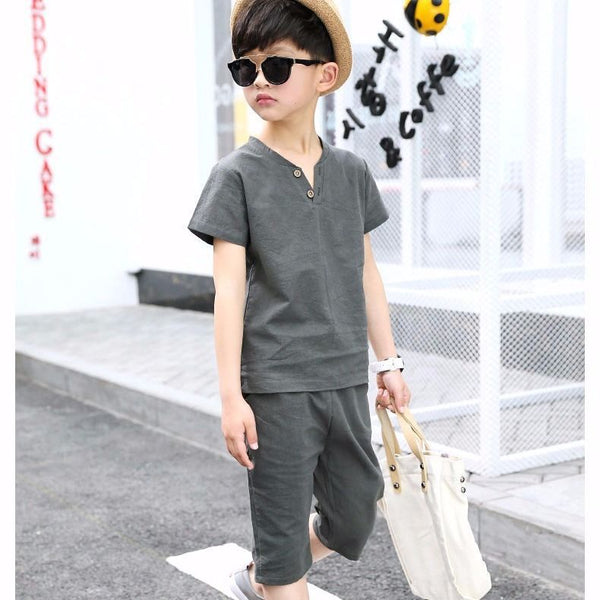 Kids Clothes Sets Short Sleeve T Shirt+pant 2 Pc Suit Children Suits Fashionable Pure Cotton Linen Summer 4-12 Ages