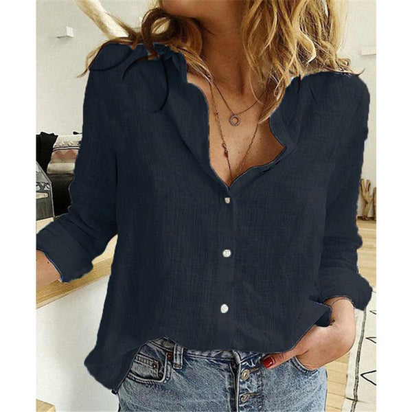 Elegant Linen Shirts Women Casual Solid Color Button Lapel Blouses Shirts Spring Summer Long Sleeve Loose Shirts Tunic Blusas - Beige Street