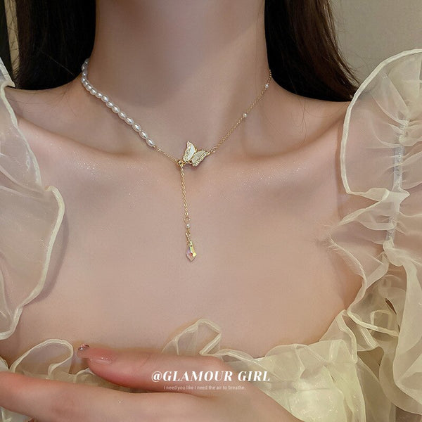 New Real Gold Electroplated Zircon Pearl Butterfly Tassel Crystal Pendant Necklace Design Clavicle Chain Versatile Sweet Pendant