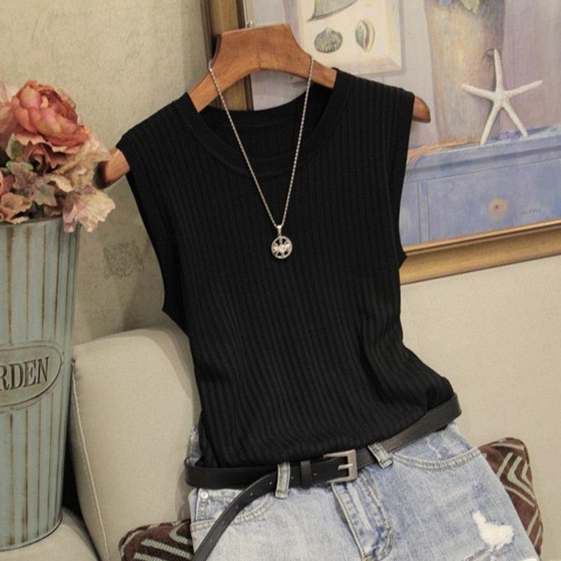 Fashion Woman Blouse 2021 Summer Sleeveless Blouse Women O-neck Knitted Blouse Shirt Women Clothes Womens Tops And Blouses C853 - Beige Street