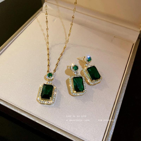 925 Silver Needle Zircon Emerald Crystal Earrings Necklace Set Retro Advanced Stud Earrings Temperament Clavicle Chain Jewelry - Beige Street
