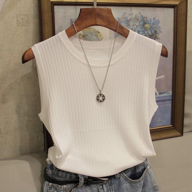 Fashion Woman Blouse 2021 Summer Sleeveless Blouse Women O-neck Knitted Blouse Shirt Women Clothes Womens Tops And Blouses C853 - Beige Street