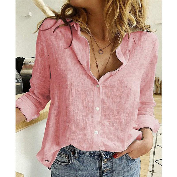 Elegant Linen Shirts Women Casual Solid Color Button Lapel Blouses Shirts Spring Summer Long Sleeve Loose Shirts Tunic Blusas - Beige Street