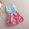 Girls Denim Floral Dress Summer Party Dress with Belt Children Flying Short Sleeve Casual Clothing Baby Girl Kids Fashion Outfit - Beige Street